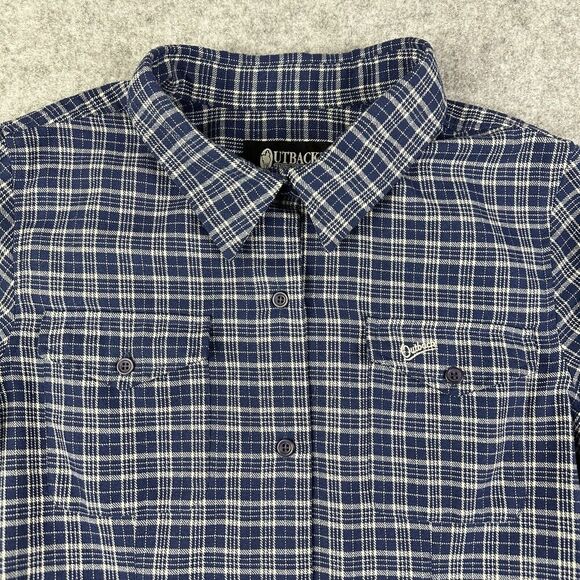 Outback Trading Co Flannel Shirt Womens M Blue Plaid Button Hiking Camp Outdoors - Picture 1 of 13